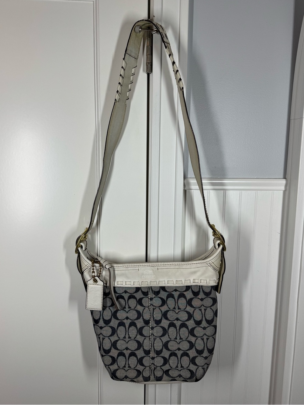 Y2K Coach Bleecker Signature Blue Denim Canvas White Leather Trim Shoulder Bag